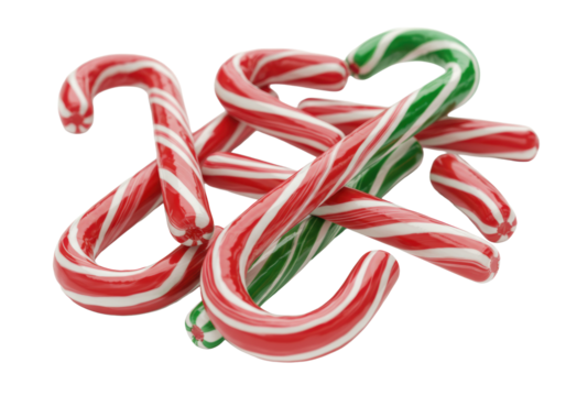 Glossy red, white, green striped peppermint candy canes, 'J' shapes, scattered on transparent, soft studio light, sharp macro detail, festive holiday confectionery concept
