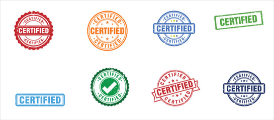Obraz premium Vector Set of Eight Colorful Grunge Certified Quality Control Stamps and Guarantee Seals with Checkmark 