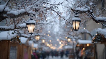 Enchanting winter street with lanterns and snow-covered trees at twilight