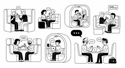 People interacting in various settings using technology and communication.