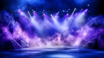 Illuminated stage with lights and smoke.