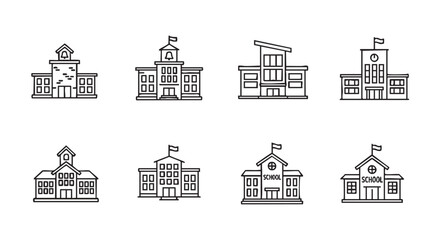 Four variations of school building icons on white background educational vector