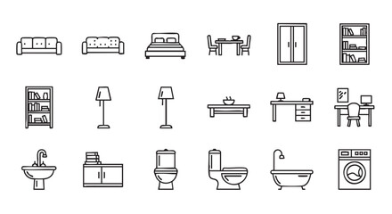 Furniture icon set showcasing home interior elements in simple line art