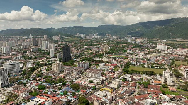 sunny day penang island george town mountains district cityscape aerial panorama 4k timelapse malaysia