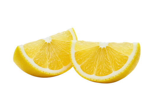 Two bright yellow lemon wedges, fresh cut with translucent pulp and white pith, upright on a transparent background with copy space, inviting culinary concept