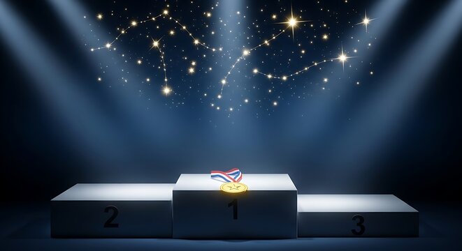 Illuminated podium with gift box and glittering lights for award ceremony or celebration