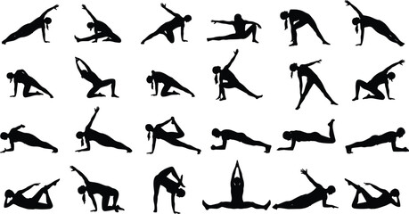 Yoga and fitness silhouettes set, vector collection of women stretching, exercising and doing pilates, black female figures isolated on white background.
