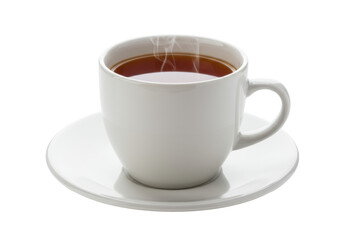 Elegant white ceramic teacup with warm amber black tea and subtle steam, on a matching saucer, isolated on a pure bright white background with copy space, concept for beverage advertising