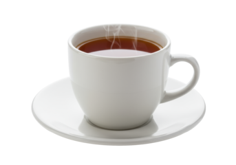 Elegant white ceramic teacup with warm amber black tea and subtle steam, on a matching saucer, isolated on a pure bright white background with copy space, concept for beverage advertising