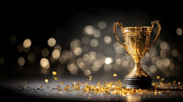 Golden Trophy with Confetti and Bokeh Lights on a Dark Background.