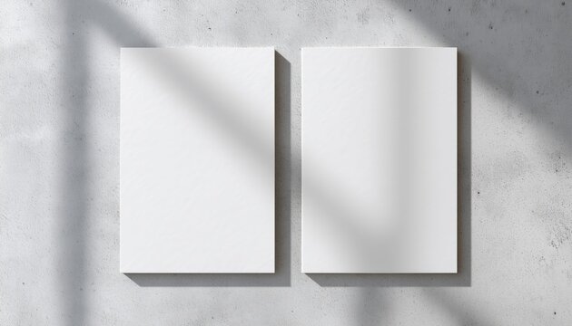 Empty White Vertical Rectangle Poster Mockups With Soft Shadows On Neutral Light Grey Concrete Wall. Lay, Top View Displayed In Two.