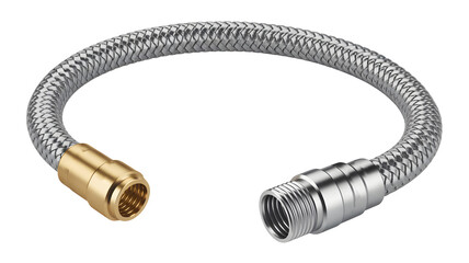 A flexible metal hose is shown bent with connectors at both ends.