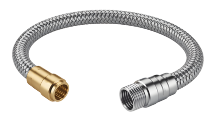 A flexible metal hose is shown bent with connectors at both ends.