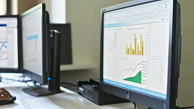 Professional analyst reviewing financial data on multiple monitors showing charts, graphs, and statistics. The workspace features a modern office environment with natural light. - Powered by Adobe