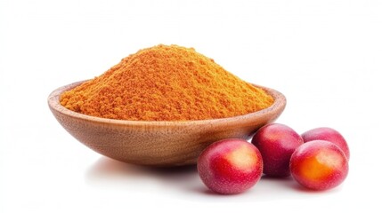 Orange powder in wooden bowl with red fruits healthy food ingredient culinary concept