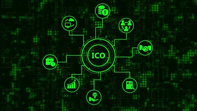 Initial coin offering ico concept with interconnected icons representing blockchain technology, digital currency, investment, and secure financial transactions on a dark green digital background