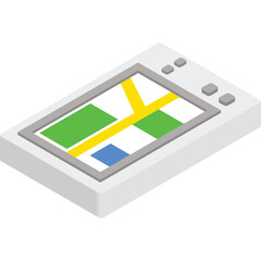 Isometric digital navigation device displaying a colorful abstract map interface with yellow blue and green blocks and grey buttons on a clean white background