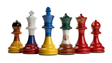Chess pieces representing nations stand together in a strategic lineup.