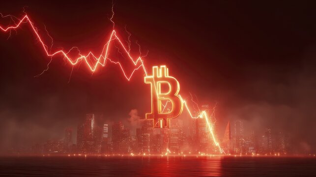 Dramatic bitcoin price drop illustrated with neon lightning over cityscape