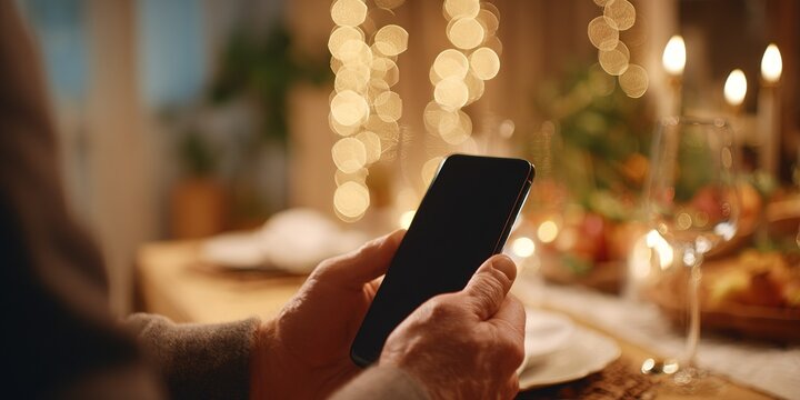 Evening gathering with warm lights and a smartphone at a festive table setting