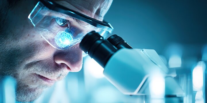 Scientist examines samples under a microscope in a modern laboratory setting with blue lighting in the evening