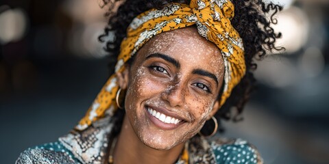Smiling woman with curly hair and colorful headscarf in an outdoor setting during the daytime