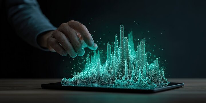 3D data visualization being interacted with by a hand in a dark environment - Powered by Adobe