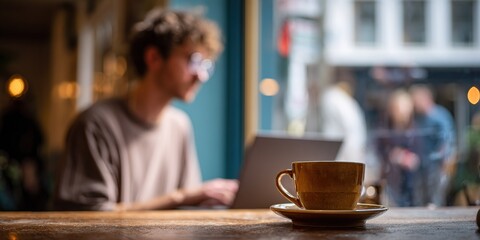 Busy cafe scene with a person working on a laptop and a coffee cup in focus during the afternoon