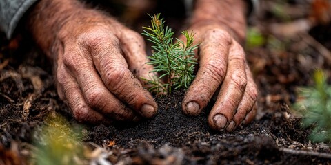 Hands planting a young tree in the soil during a community reforestation event in springtime with lush greenery around
