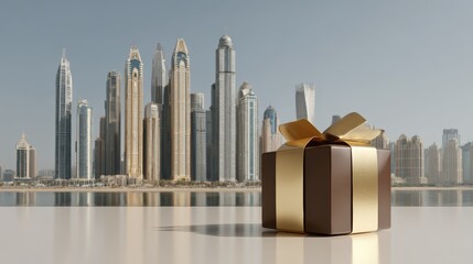 Luxurious gift box with golden ribbon set against modern city skyline