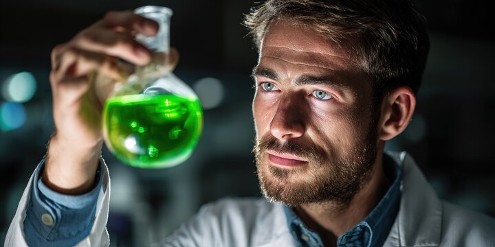Scientist examines green liquid in laboratory during evening research session for potential experiments and discoveries