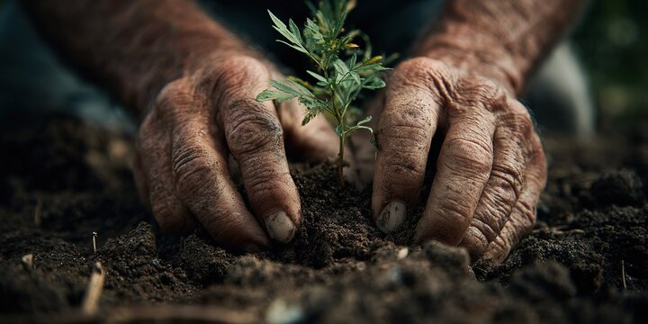 Hands planting a young seedling in rich soil during warm daylight in a garden setting