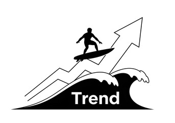 Riding the Business Trend: Black and White Graphic of a Surfer Riding a Wave Labeled "Trend," with a Rising Arrow Chart Background, Symbolizing Market Success and Opportunity
