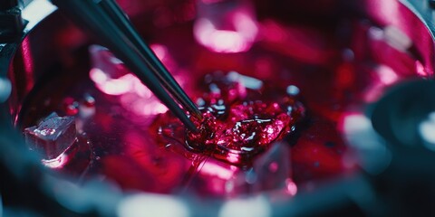 Vivid red substance being mixed in a laboratory setting using a pipette to create a precise chemical solution
