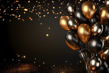 Black and gold balloons with confetti.