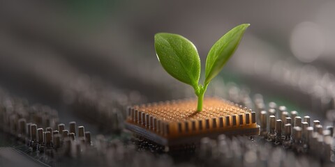 New life emerging from technology as a small plant grows on a computer chip