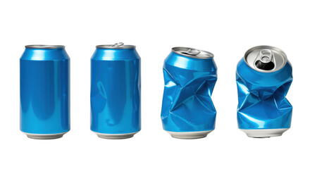 Obraz premium Four blue aluminum cans: pristine, dented, crumpled, flattened, on a transparent background with soft shadows, illustrating waste transformation concept of recycling and sustainability.
