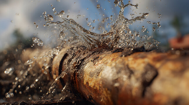 Hyperrealistic industrial scene of rusty heavy metal pipe splashing water