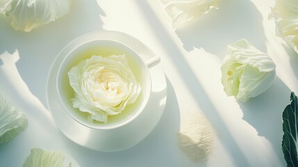 White cabbage rose in teacup delicate food still life photography