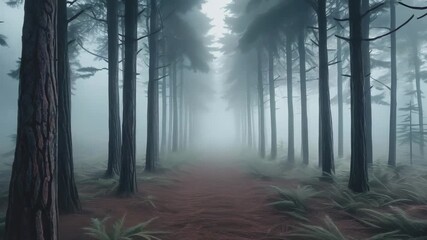 Eerie forest path shrouded in thick fog with tall, dark trees mist - Powered by Adobe