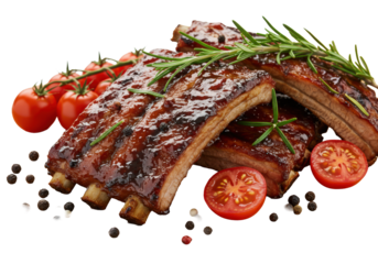 Gourmet grilled pork ribs, glazed with glossy dark sauce, rosemary, cherry tomatoes on rustic wooden board, isolated on white copy space. Sophisticated appetite appeal concept