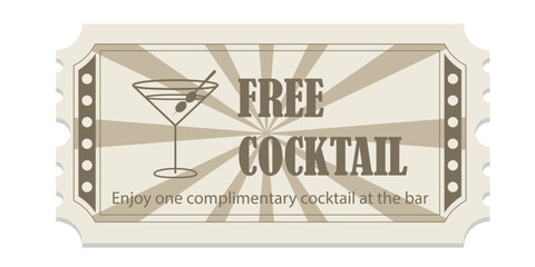 Free cocktail monochrome ticket isolated on white background. voucher template. Promotion, happy hour, opening or night party concept with date, time and place. Vector illustration EPS 10.