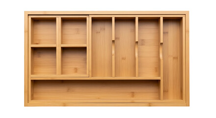 Wooden drawer organizer with seven compartments of various sizes—smooth finish, ideal for neatly storing utensils or small kitchen items