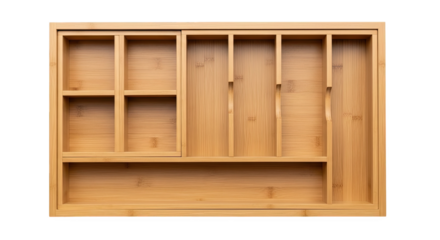 Wooden drawer organizer with seven compartments of various sizes—smooth finish, ideal for neatly storing utensils or small kitchen items