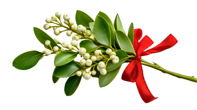 A fresh mistletoe bouquet with a red bow isolated on a plain background, a traditional Christmas plant with white berries, a holiday decoration object, a romantic winter season symbol.