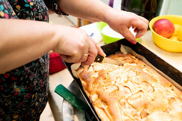 Slicing freshly baked apple dessert with care in a cozy kitchen during a delightful afternoon gathering with family and friends