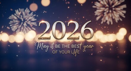 2026 fireworks and bokeh lights, happy new year greeting card concept