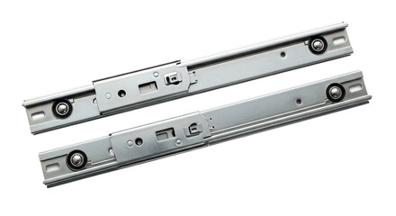 Obraz premium Metal drawer slides with ball-bearing rail system and mounting holes—silver finish, durable and smooth-operating. Essential hardware for cabinetry and furniture assembly