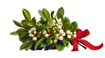A green mistletoe branch with white berries and a red ribbon isolated on a white background, a traditional Christmas holiday decoration, a festive plant for kissing, a winter season symbol.