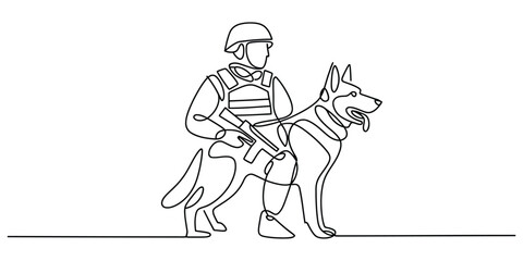 Soldier or police officer with k9 dog, continuous line drawing